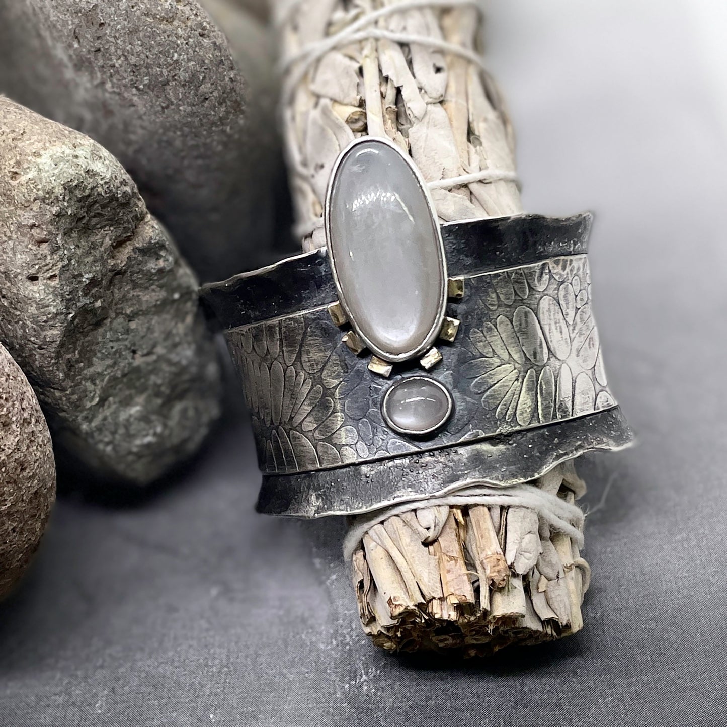 Silver and Bronze Cuff with Grey Moonstones