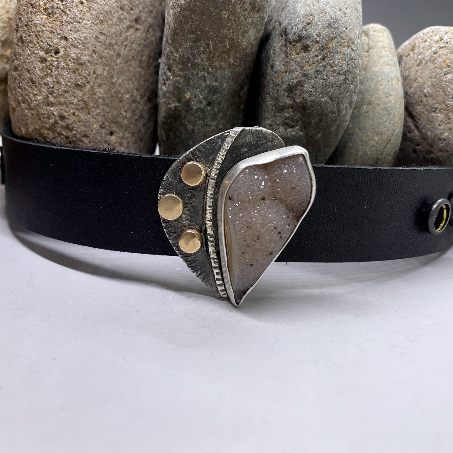 Sterling Silver with Druzy Quartz and Bronze Leather Cuff
