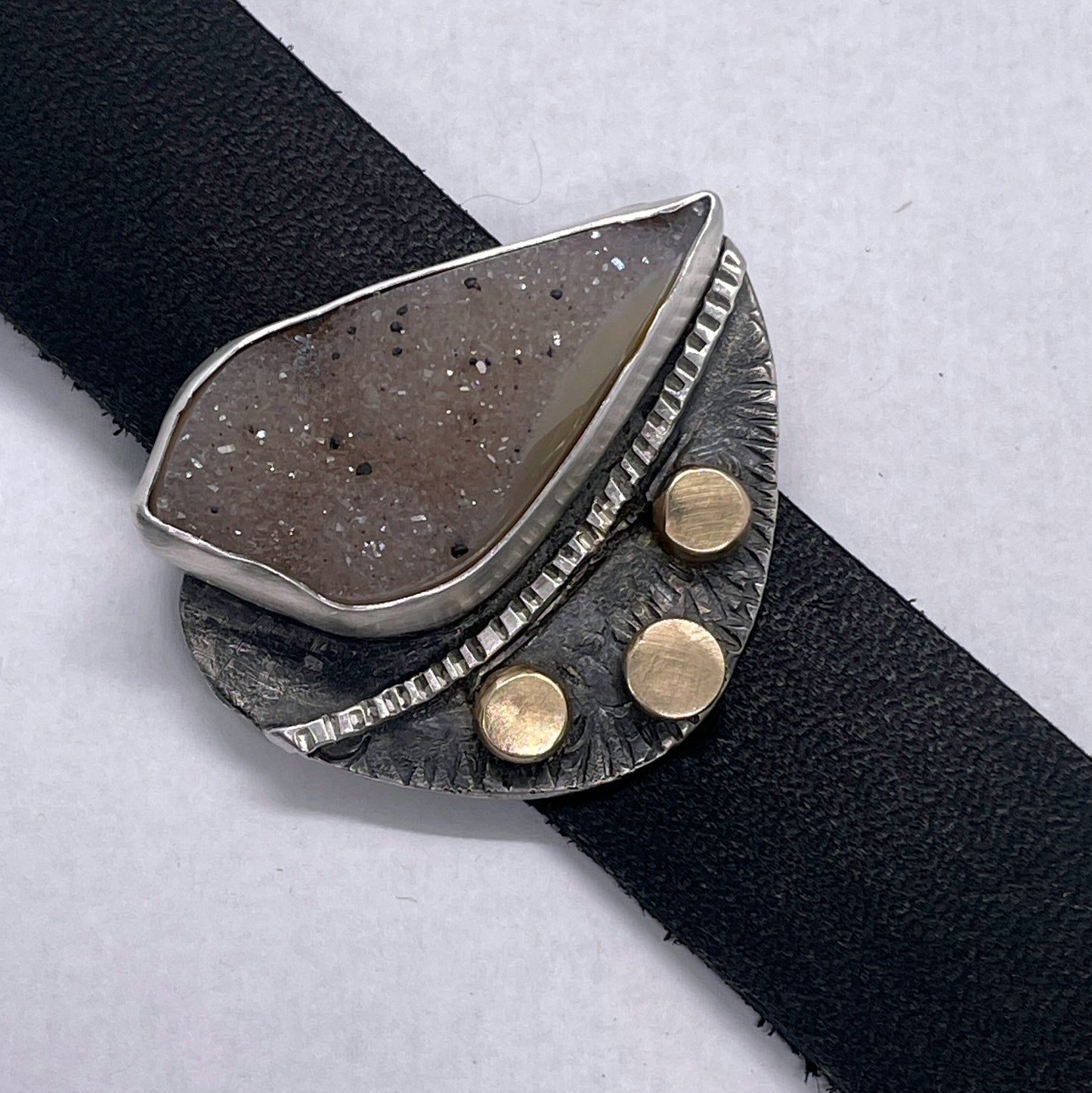 Sterling Silver with Druzy Quartz and Bronze Leather Cuff