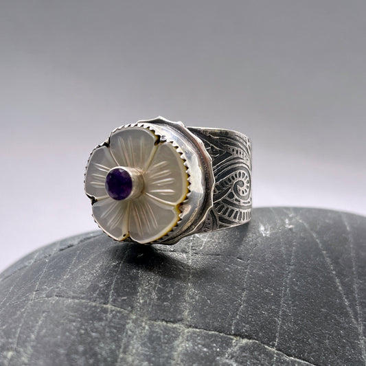 Mother of Pearl and Amethyst Flower Sterling Ring