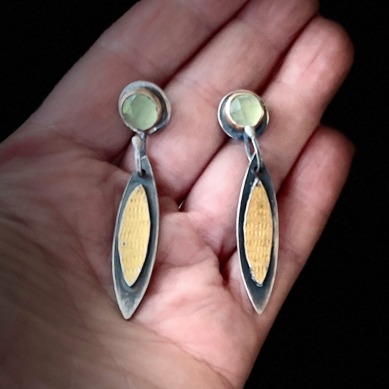 Faceted Green Chalcedony Earrings with Sterling Silver and Keum boo