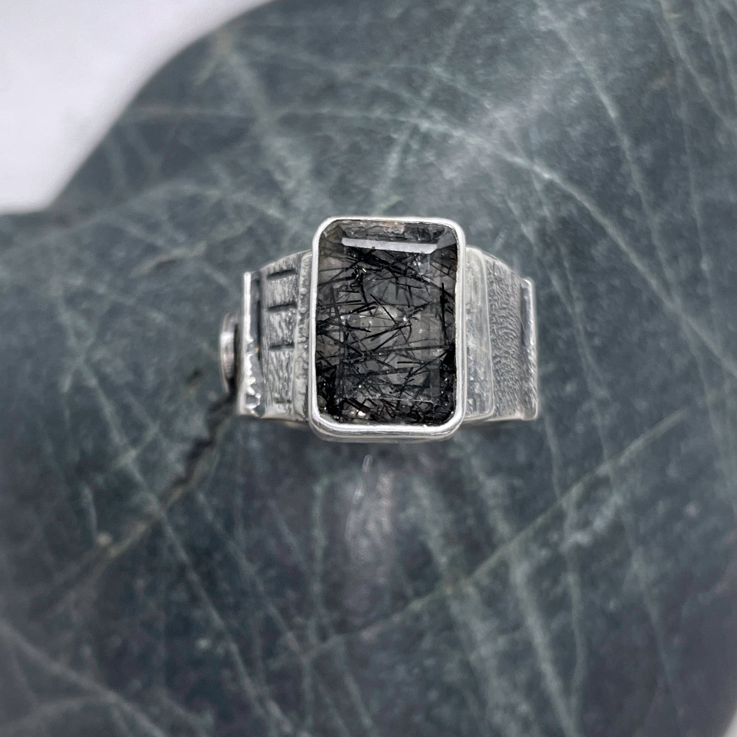 Black Tourmaline Rutile Quartz Statement Ring