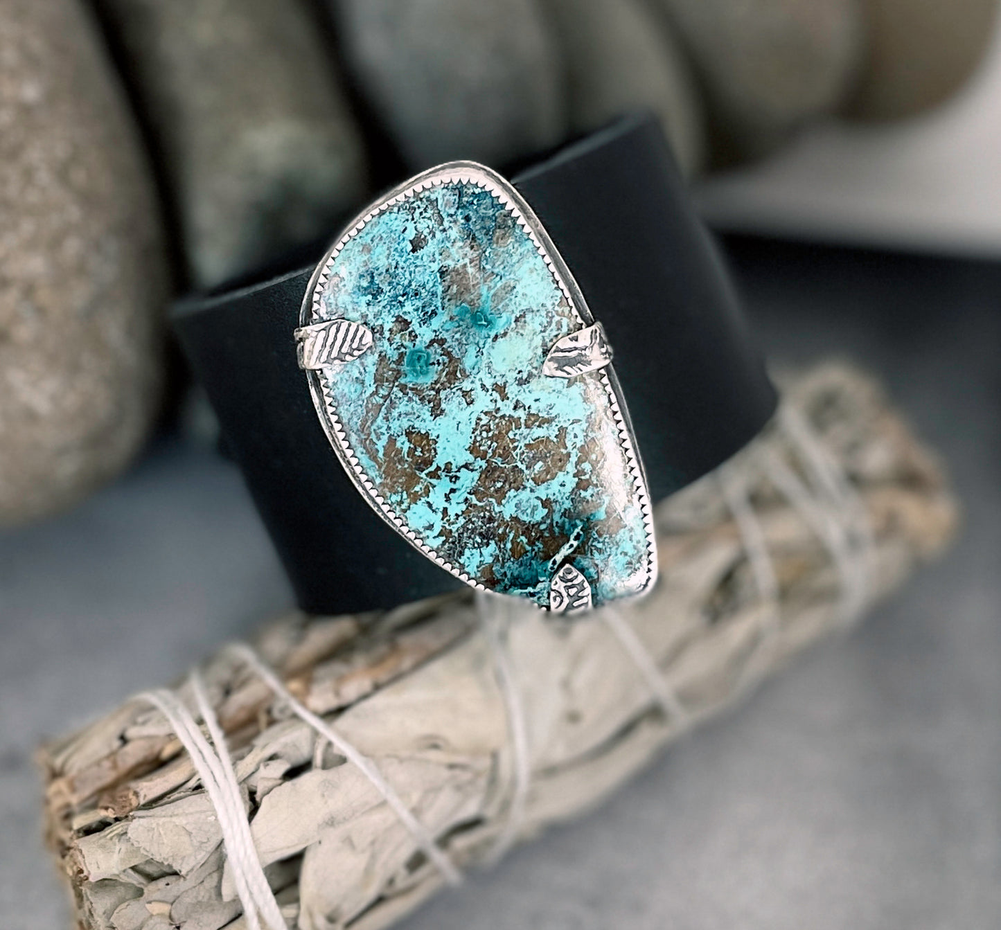 Chrysocolla and Sterling Silver Leather Cuff/Pendant