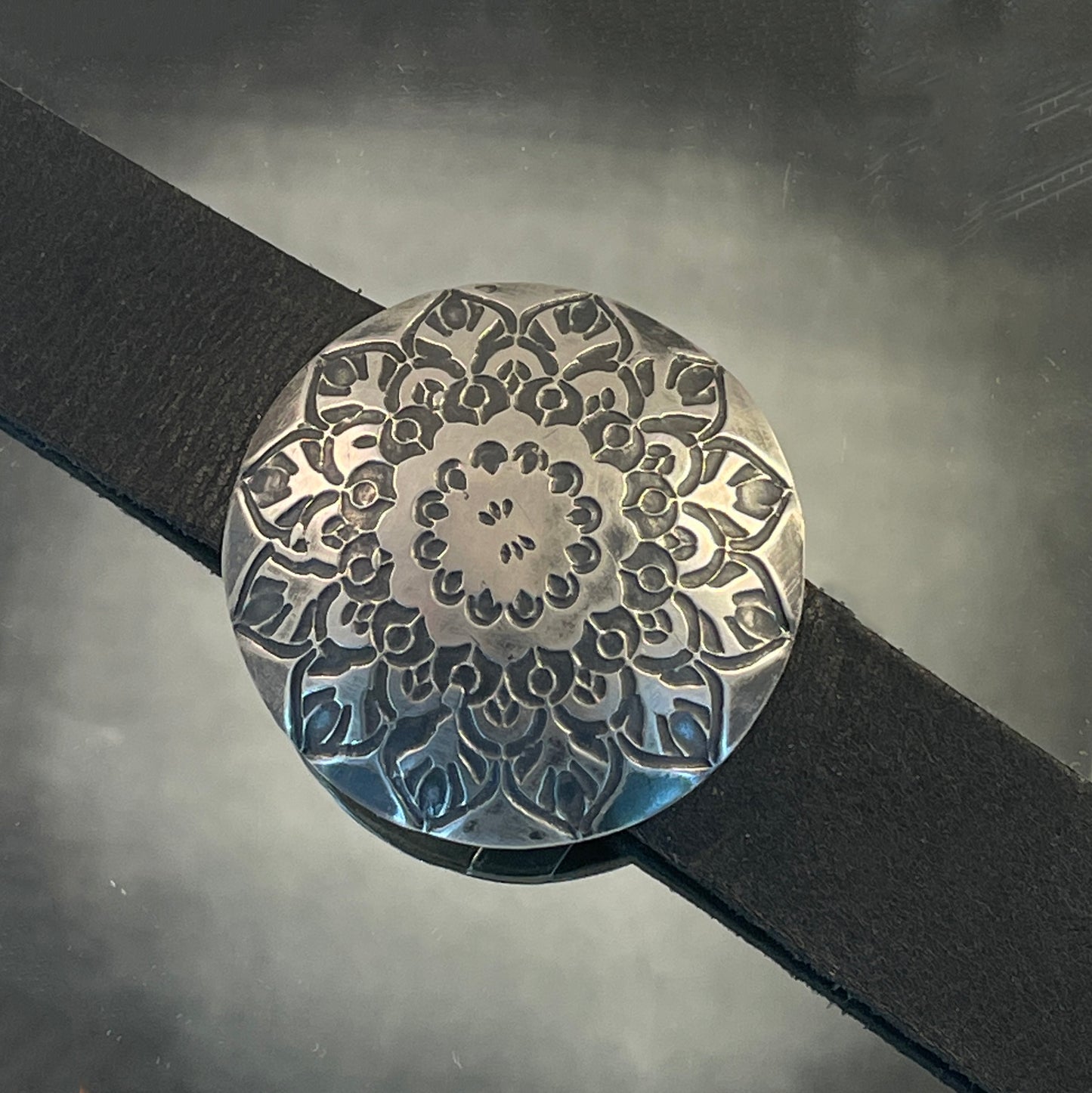 Sterling Silver and Leather Mandala Cuff Bracelet