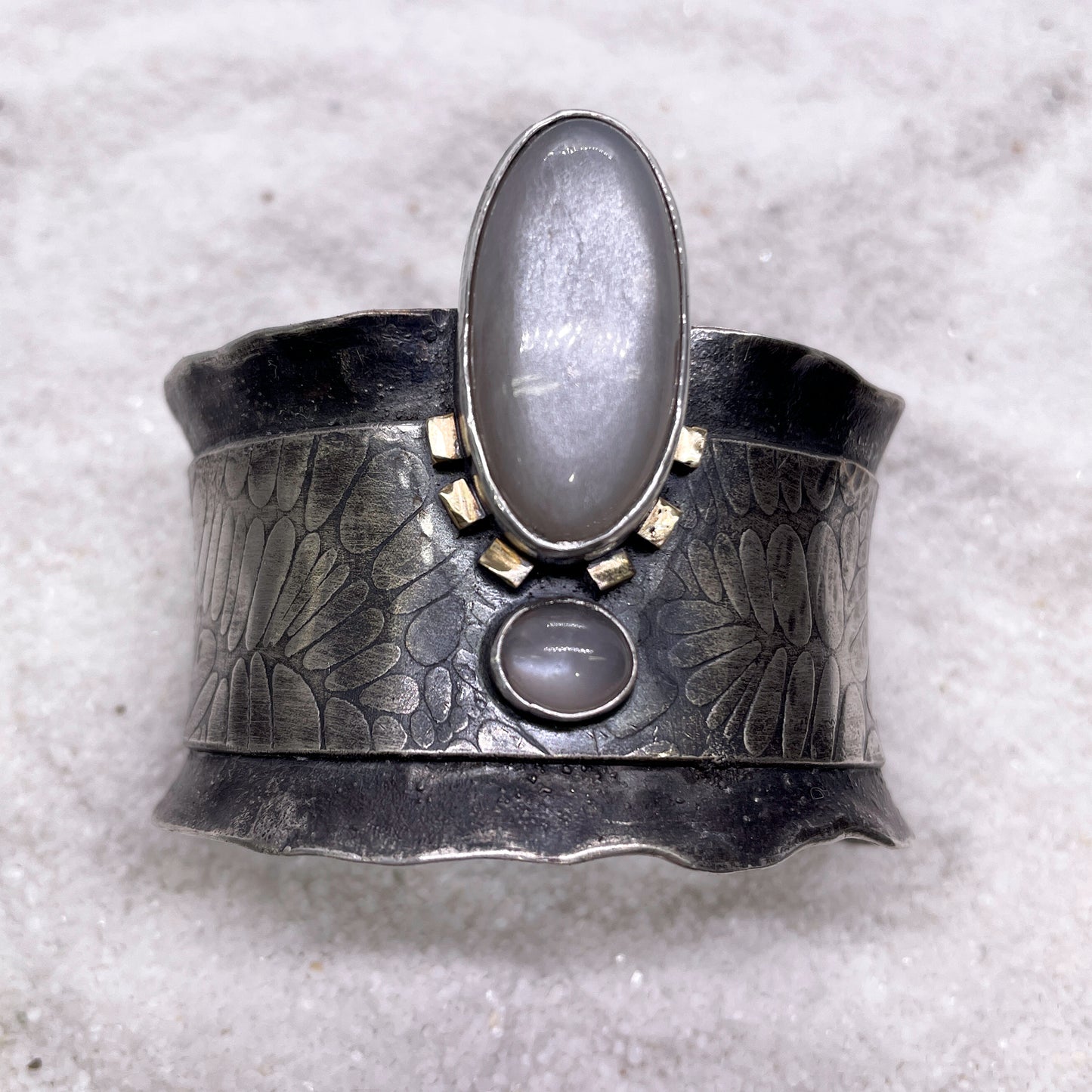 Silver and Bronze Cuff with Grey Moonstones