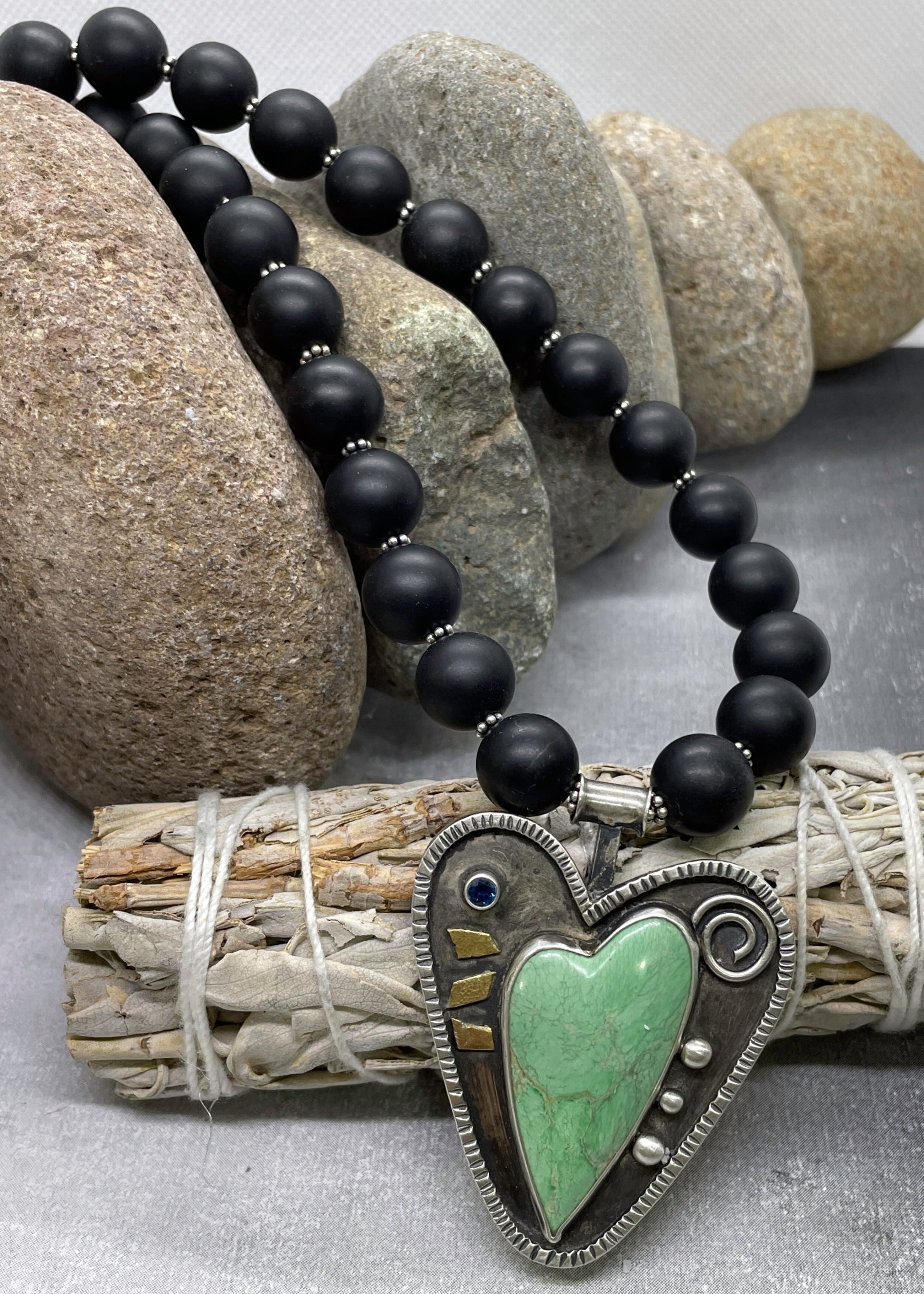 Heart Shaped Pendant with Variscite and Matte Black Onyx Necklace - Sable Design