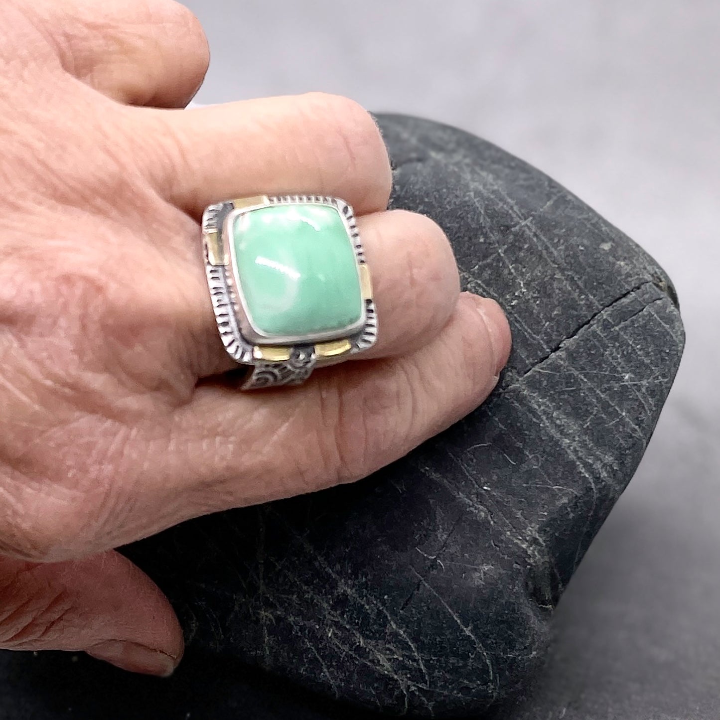 Variscite Silver and Gold Textured Ring